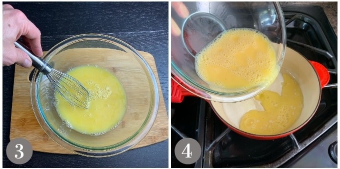 A photo of the orange and lemon juice whisked with egg yolks and adding to pan.