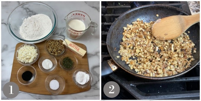 A photo showing the ingredients to make feta walnut scones and candied walnuts.