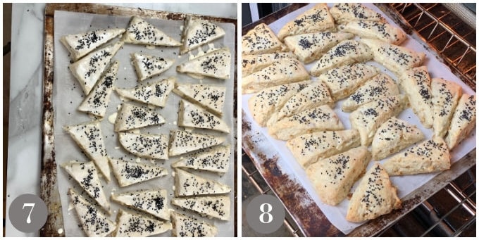 A photo showing the scones on the baking sheet before and after baking.
