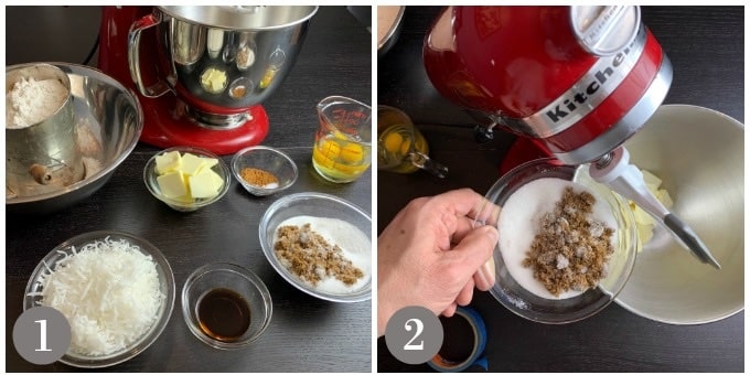 A photo of the ingredients to make toto cake and mixing the butter and sugar.
