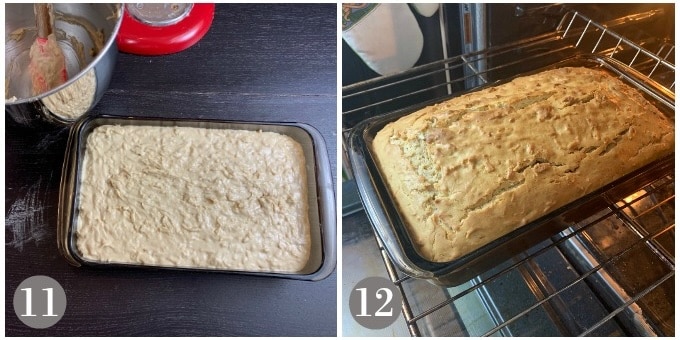 A photo of the filled pan and the fully baked cake.