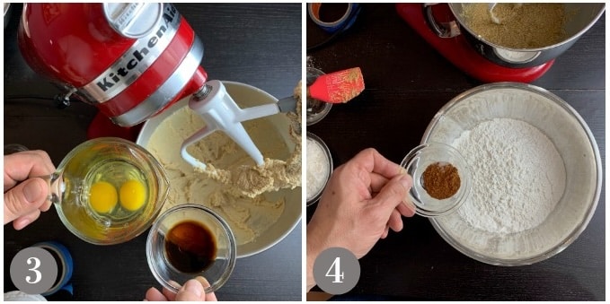 A photo showing adding the eggs and vanilla and another with flour and cinnamon.
