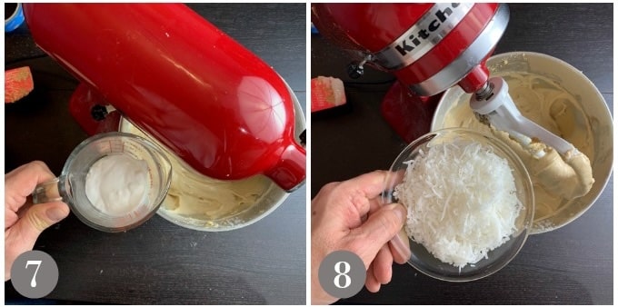 A photo showing adding the coconut milk and shredded coconut.