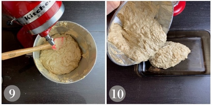 A photo showing combining the batter and coconut and pouring into a baking dish.