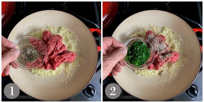 A photo of beef cooking for burek.