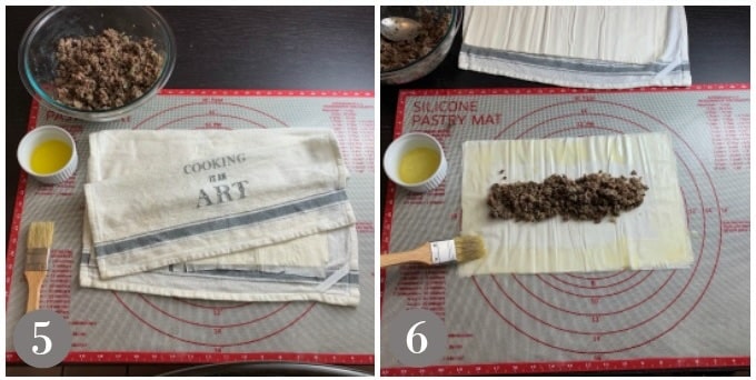 A photo of the phyllo and beef placement.