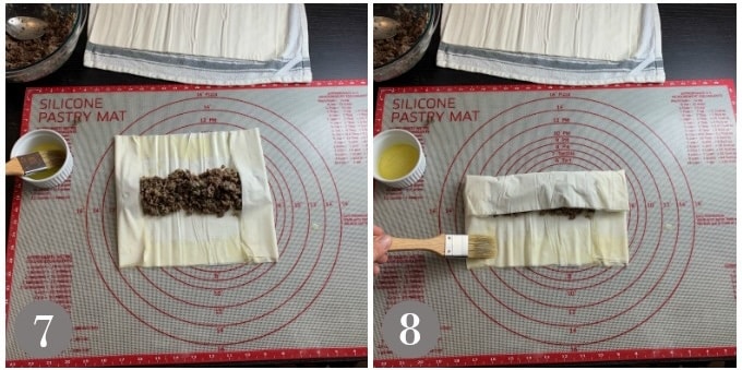 A photo showing buttered edges and rolling the phyllo.