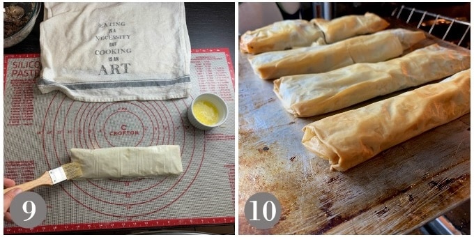 A photo of the rolled burek and baking.