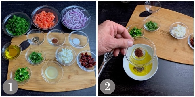 A photo of the ingredients to make Mediterranean parsley salad and dressing.