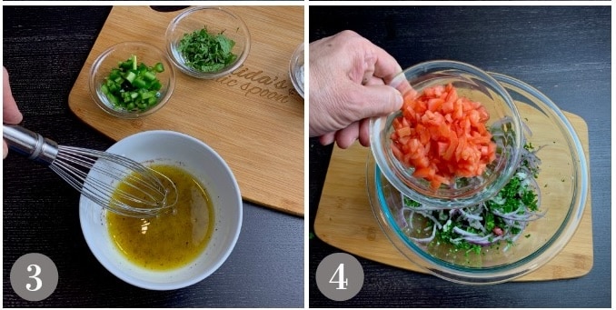 A photo showing the dressing and tomatoes being added to salad bowl.