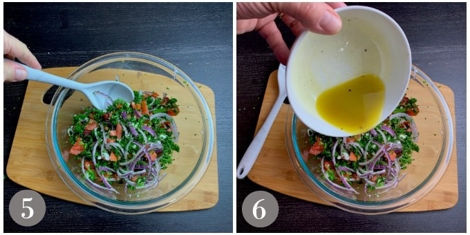 A photo showing salad being mixed and the dressing.