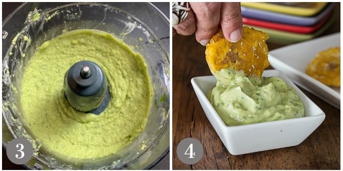 A photo of avocado crema in a food processor and the finished dip.