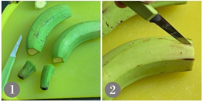 A photo showing cutting a green plantain for removing the skin.