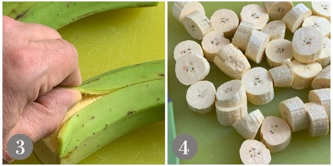A photo showing skin removal and slices of green plantain.