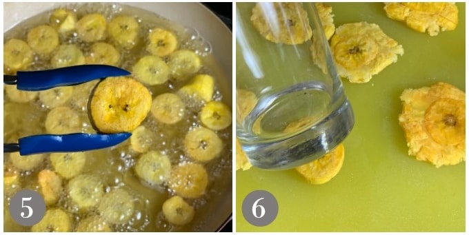A photo showing frying plantain and smashing them for tostones.