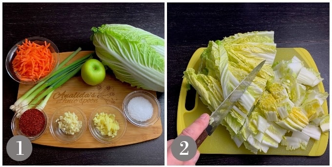 A photo of the ingredients to make kimchi and slicing napa cabbage.