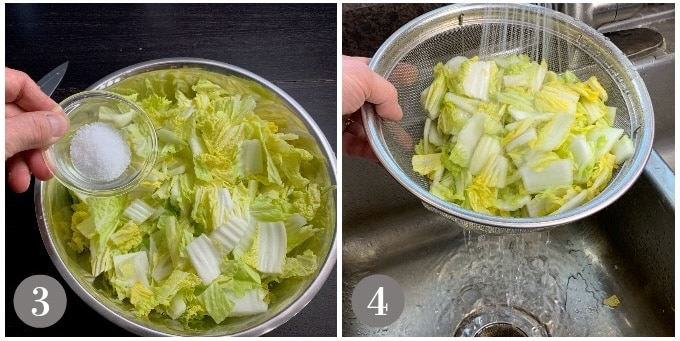 A photo showing adding salt to the cabbage and then rinsing.