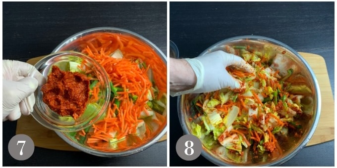 A photo showing adding the paste to the cabbage and then mixing.