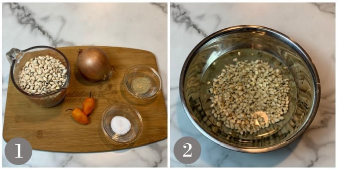 A photo of the ingredients to make akara and soaking the beans.