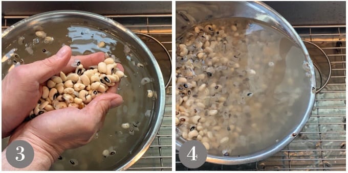 A photo showing rubbing the beans to remove skins and allowing them to float in the soaking water.