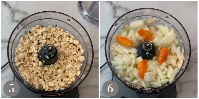 A photo showing pulsing the beans in a food processor and adding onion and habanero.