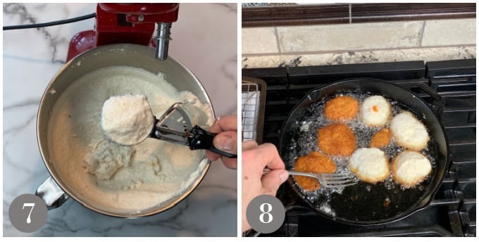 A photo showing scooping the batter and then frying.